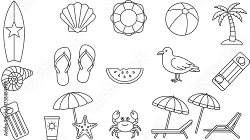 Beach icon set, summer vector, surfboard, sunscreen, umbrella, crab, seashell, palm tree, watermelon, flip-flops, holiday elements, outline design