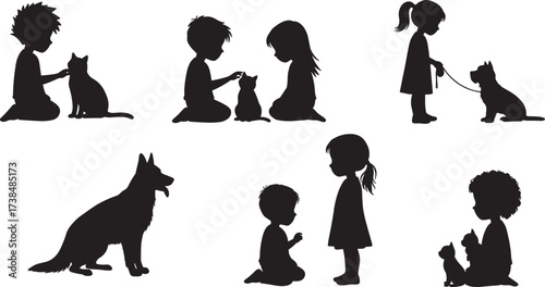 Children playing with pets, animal companionship, kids with dogs and cats, outdoor bonding, childhood empathy, silhouette vector, pet care, family love