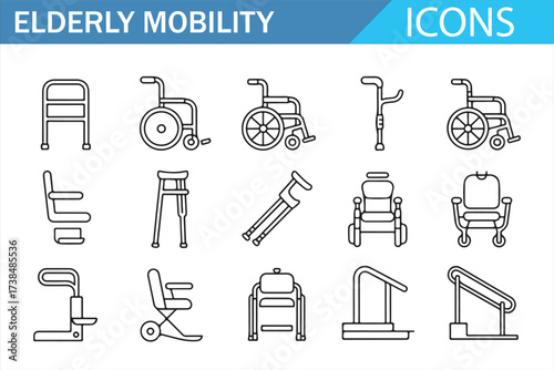 Simple Elderly Mobility Icons for Healthcare Applications and Senior Care