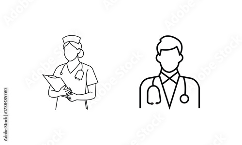 Doctor and Nurse Line Icons – Medical Staff Outline Vector