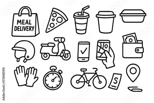 Meal Delivery Icons. Hand-drawn doodle illustration meal delivery setup delivery bag, pizza slice, beverage cup, food container, scooter, helmet, gloves,