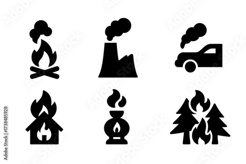 Smoke Source Icons. Solid, filled icon set of smoke sources: campfire, factory chimney, volcano, engine exhaust, house fire, grill, oil lamp, forest blaze.