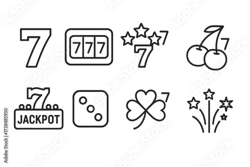 Lucky Number Icons. Outline icon set of lucky number : number digit, lucky seven slot, seven stars, seven cherries, jackpot , seven dice, seven clover, seven