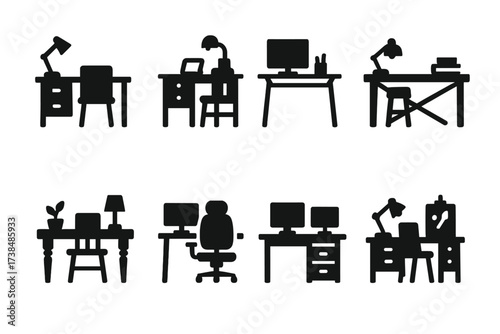 Desk Setup Icons. Solid, filled icon set of desk setups: minimalist, traditional, modern, industrial, rustic, ergonomic, creative, tech-heavy. [Solid, filled