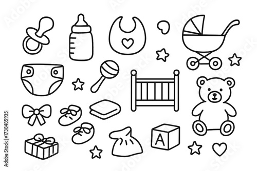 Baby Essentials Doodle. Hand-drawn doodle illustration Baby essentials pacifier, bottle, diaper, bib, stroller, crib, rattle, teddy bear, toy block, blanket,
