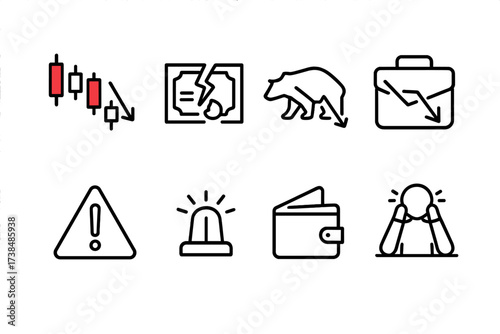 Market and Income Loss Icons. Outline icon set of stock market loss: red falling candlestick, broken stock certificate, bearish icon, falling portfolio,