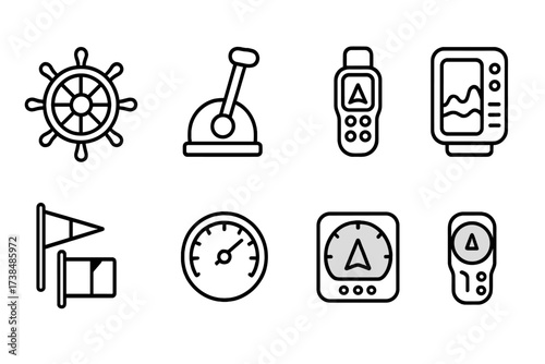 Boat Navigation Icons. Outline icon set of boat navigation and control: steering wheel, throttle lever, radar screen, GPS device, sonar display, signal flags,