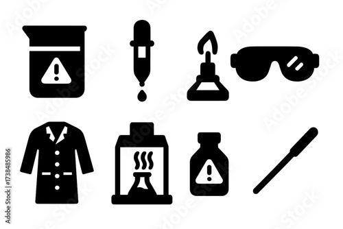 Acid Lab Icon Set. Solid, filled icon set of acid lab equipment: beaker, pipette, Bunsen burner, safety goggles, lab coat, fume hood, chemical bottle, stirring