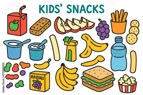 Colorful Kids' Snack Items. Kids? Snacks. Colorful Hand-drawn doodle Children illustration juice box, granola bar, apple slices, carrot sticks, grapes,