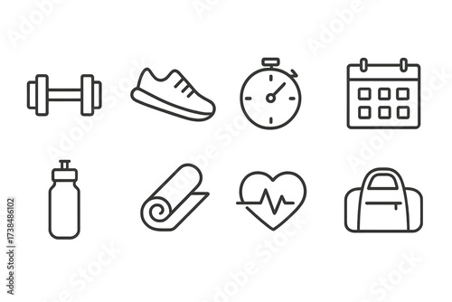 Fitness Icon Set. Outline icon set of fitness and workout schedules: dumbbell, running shoe, stopwatch, calendar, water bottle, yoga mat, heart rate monitor,