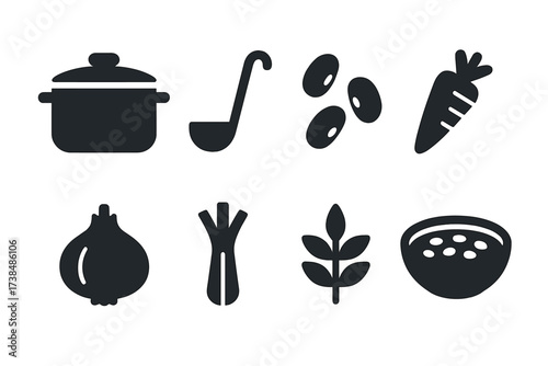 Bean Stew Icons. Solid, filled icon set of bean stew: pot, ladle, beans, carrots, onions, celery, herbs, bowl of stew. [Line icons in only black color. All