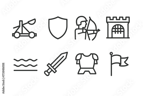 Tower Defense Icons. Outline icon set of tower defense elements: catapult, shield, archer, gate, moat, sword, armor, flag. [Line icons in only black color,