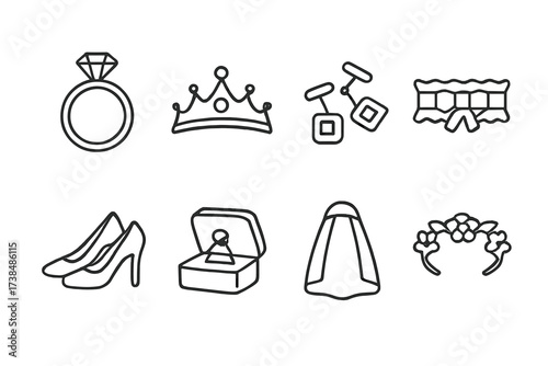 Wedding Accessories Icons. Outline icon set of wedding accessories: engagement ring, tiara, cufflinks, garter, wedding shoes, jewelry box, veil, flower crown.