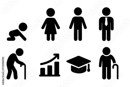 Life's Stages Icons. Solid, filled icon set of life stage cycles: baby, child, teenager, adult, elder, growth chart, graduation cap, retirement. [Line icons in
