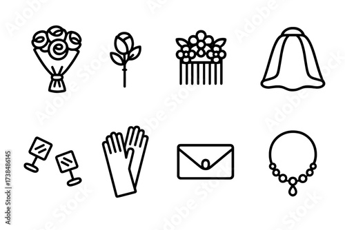 Wedding Accessory Icons. Outline icon set of wedding accessories: bouquet, boutonniere, hair comb, veil, cufflinks, gloves, clutch bag, necklace. Line icons in
