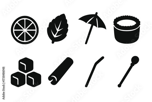 Drink Garnishes Icons. Solid, filled icon set of drink garnishes and add-ons: lemon slice, mint leaf, cocktail umbrella, sugar rim, ice cubes, cinnamon stick,