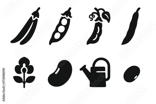 Garden Bean Icons. Solid, filled icon set of garden beans: green bean pod, lima bean pod, runner bean, kidney bean pod, bush bean, bean flower, bean seed,