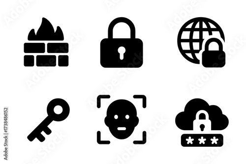 Digital Security Icons. Solid, filled icon set of digital protection: firewall, padlock, antivirus shield, VPN, encryption key, biometric scan, secure cloud,