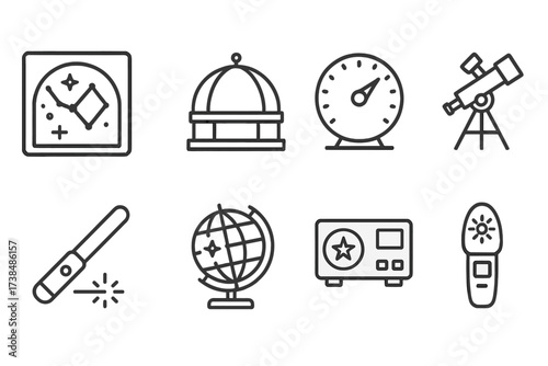Astronomy and Dance Icons. Outline icon set of astronomy tools: star chart, planetarium, altimeter, azimuth scope, laser pointer, celestial globe, star