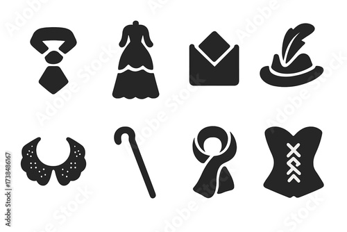 Aristocrat Fashion Icons. Solid, filled icon set of aristocrat fashion: cravat, bustle dress, pocket square, feathered hat, corset, lace collar, walking stick,