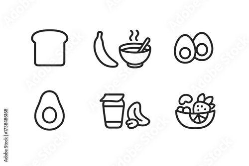Hangover Foods Icons. Outline icon set of hangover foods: toast, banana, soup bowl, eggs, avocado, yogurt, nuts, fruit salad. [Line icons in only black color,