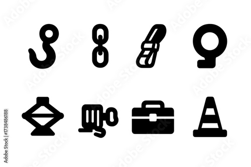 Repo Equipment Icons. Solid, filled icon set of repo vehicles equipment: tow hook, chains, straps, wheel lock, jack, winch, tool box, cone traffic. [Line icons