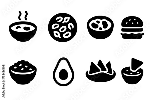 Vegetarian Dish Icons. Solid, filled icon set of vegetarian dishes: lima bean soup, lima bean salad, bean stew, veggie burger, rice bowl, avocado, tortilla