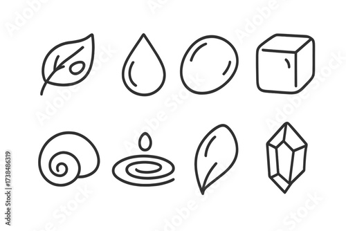 Glossy Nature Icons. Outline icon set of glossy natural elements: wet leaf, dew drop, polished stone, ice cube, smooth shell, water ripple, glossy flower