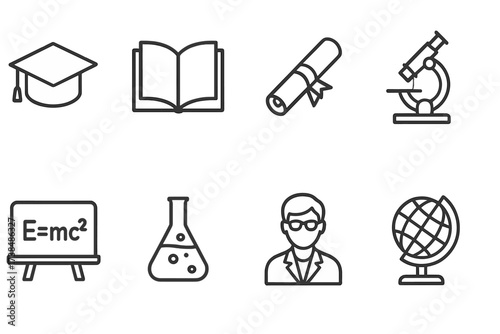 Icons_ Education and Art. Outline icon set of Turkish education and science: graduation cap, open book, diploma, microscope, blackboard, chemistry flask,
