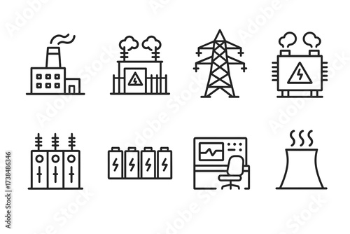 Energy Infrastructure Icons. Outline icon set of energy infrastructure: power plant, substation, transmission tower, transformer, switchgear, battery bank,
