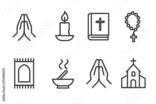 Prayer Icon Set. Outline icon set of prayer: praying hands, candle, bible, rosary, prayer mat, incense, folded hands, church. Line icons in only black color,