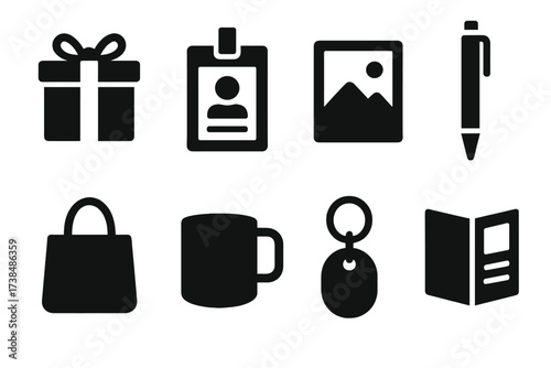 Event Souvenir Icons. Solid, filled icon set of event souvenirs: gift box, badge, photo frame, branded pen, tote bag, mug, keychain, program booklet. Solid,
