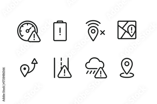 GPS Alert Icons. Outline icon set of GPS alerts: speed alert, low battery, lost signal, arrival notification, route deviation, traffic alert, weather alert,