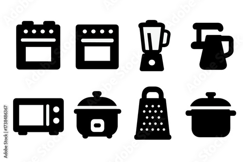 Kitchen Equipment Icons. Solid, filled icon set of kitchen equipment: stove, oven, blender, food processor, microwave, rice cooker, grater, pressure cooker.