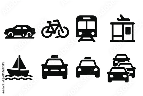 Lost Transportation Icons. Solid, filled icon set of lost transportation: abandoned car, broken bicycle, missing train, empty bus stop, closed airport gate,