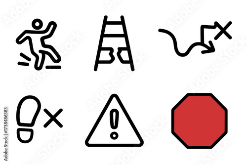 Safety Warning Icons. Solid, filled icon set of false step: slipping person, broken ladder, crossed footprint, failed path, warning icon, mistake flag, caution
