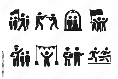 Battle Rhythm Icons. Solid, filled icon set of battle rhythm occasions: parade, battlefield, ceremony, rally, drill, festival, rehearsal, competition. Solid,