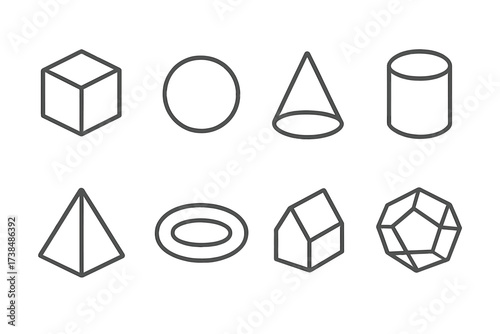 3D Geometric Icons. Outline icon set of 3D geometric solids: cube, sphere, cone, cylinder, pyramid, torus, prism, dodecahedron. Line icons in only black color,
