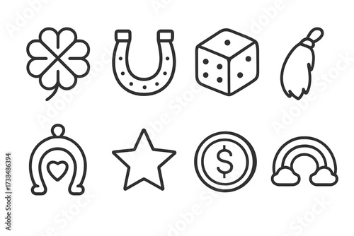 Lucky Icon Grid. Outline icon set of dice luck: four-leaf clover, horseshoe, dice, rabbit foot, lucky charm, star, coin, rainbow. Line icons in only black