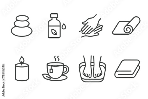 Relaxation and Refreshment Icons. Outline icon set of relaxation and wellness: spa stones, essential oil bottle, massage hands, yoga mat, calming candle,