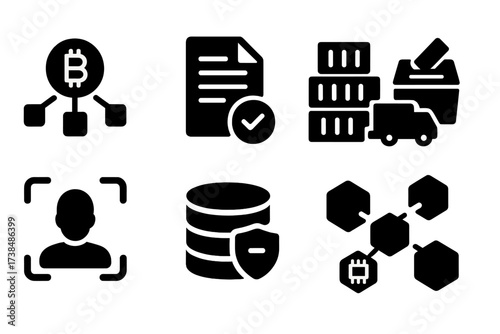 Blockchain Icon Set. Solid, filled icon set of blockchain applications: cryptocurrency, smart contract, supply chain, voting system, identity verification,
