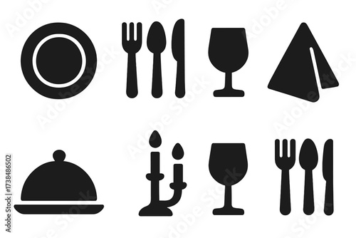 Banquet Tableware Icons. Solid, filled icon set of banquet tableware: plates, forks, knives, spoons, wine glasses, napkins, serving trays, candlesticks. Solid,