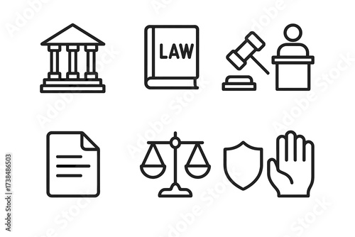Legal and Postal Icons. Outline icon set of legal declarations: court, law book, gavel, witness stand, document, justice scales, shield, hand raised. [Line
