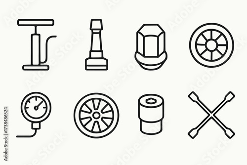 Wheel & Circular Icons. Outline icon set of wheel accessories: tire pump, valve stem, lug nut, hubcap, tire pressure gauge, rim, wheel lock, wheel brace. Line