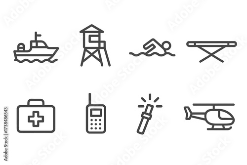 Rescue Operations Icons. Outline icon set of rescue operations: coast guard boat, lifeguard tower, rescue swimmer, stretcher, medical kit, radio communication,