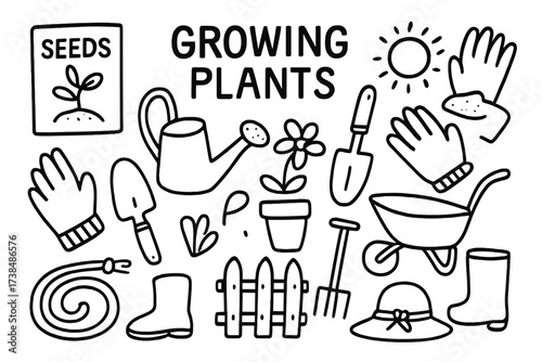 Garden Tools Doodle. Hand-drawn doodle illustration Growing plants with gloves seed packet, garden gloves, trowel, watering can, flower, plant pot, shovel,