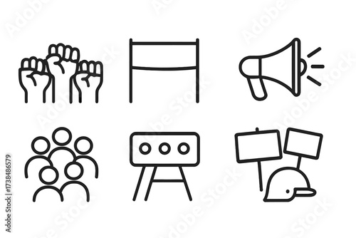 Protest Icon Set. Outline icon set of protest and rally: raised fists, banners, megaphone, crowd, police barrier, placards, loudspeaker, police helmet. [Line