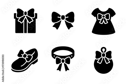 Solid Bow Icon Set. Solid, filled icon set of bow uses: gift wrapping, hair accessory, clothing embellishment, shoe decoration, pet collar, wedding decor,