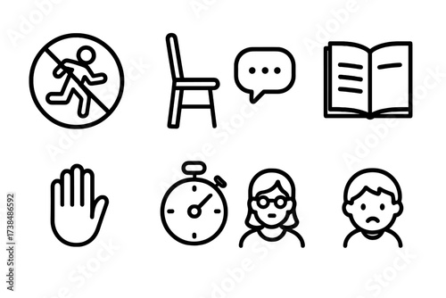 Child Rule Icons. Outline icon set of child rules: no running sign, time out chair, speech bubble, rulebook, hand stop, timer, teacher, child. Line icons in