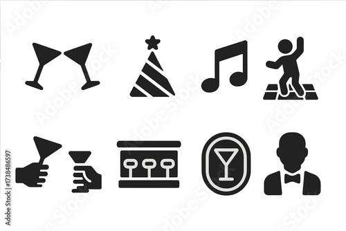 Party Icon Set. Solid, filled icon set of martini party and culture: clinking glasses, party hat, music note, dance floor, celebration toast, bar counter, neon